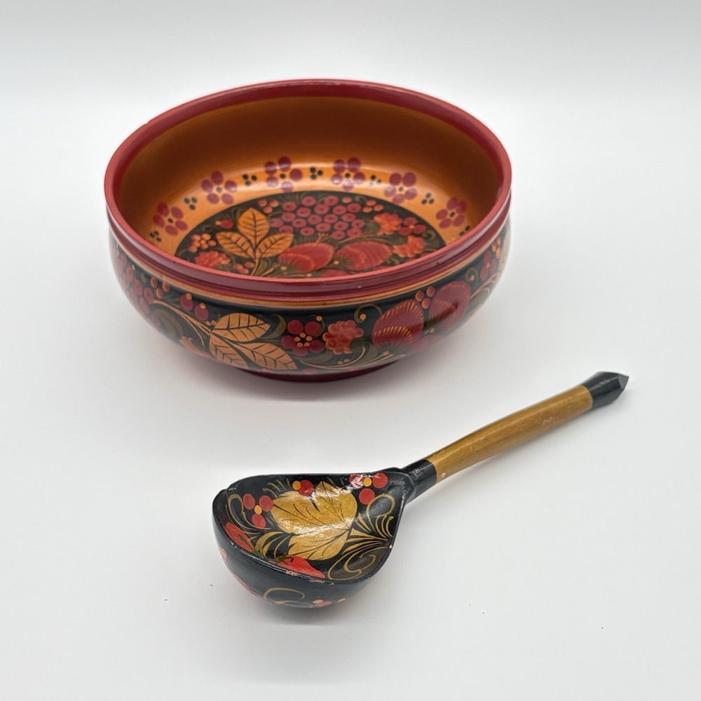 Russian Art Khokhloma Wooden Bowl Matching Spoon Traditional Floral Berry Design - Picture 4 of 16